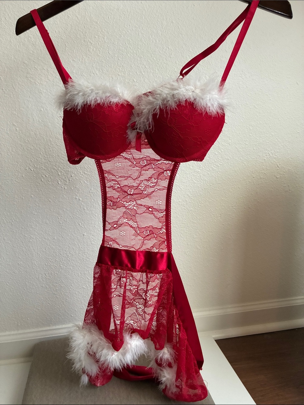 Red Lace Holiday Teddy with Feather Trim